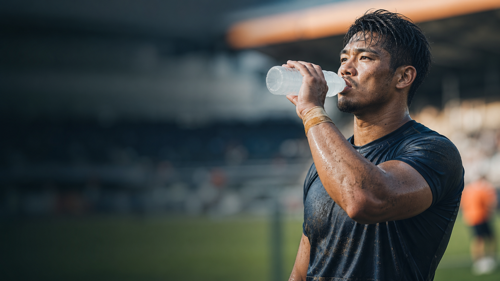 試合中に水分補給をする体重90kgのプロアスリート